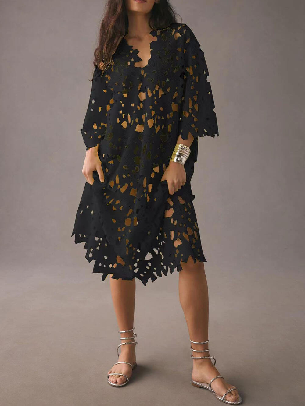 Raquel - Floral Eyelet Long Sleeve Midi Dress