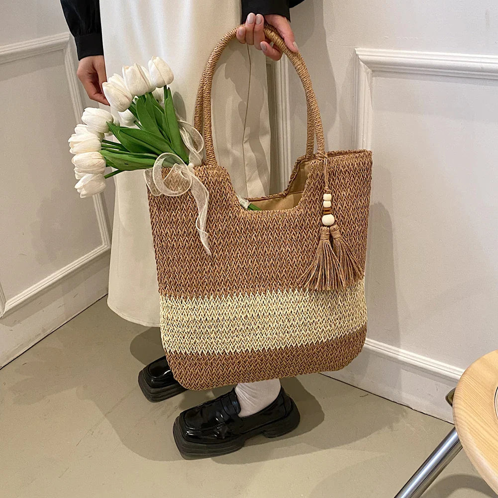 Steff - Casual Color Contrast Tassels Tote Bag
