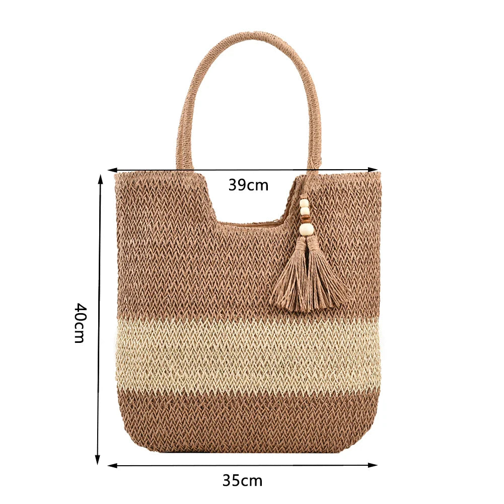 Steff - Casual Color Contrast Tassels Tote Bag