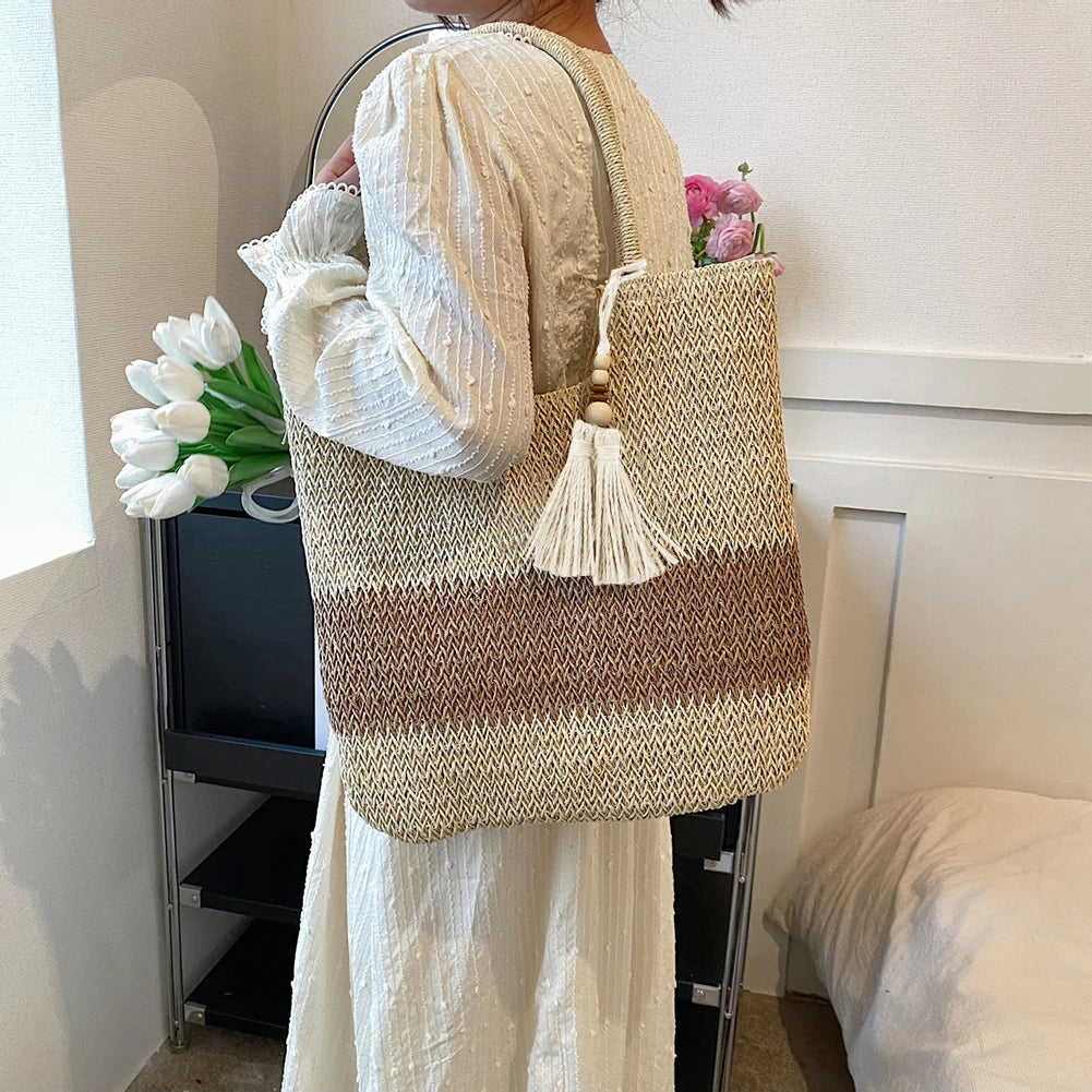 Steff - Casual Color Contrast Tassels Tote Bag