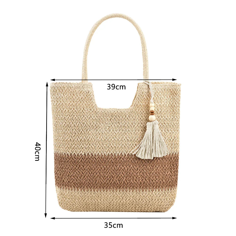 Steff - Casual Color Contrast Tassels Tote Bag