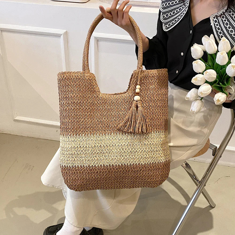Steff - Casual Color Contrast Tassels Tote Bag