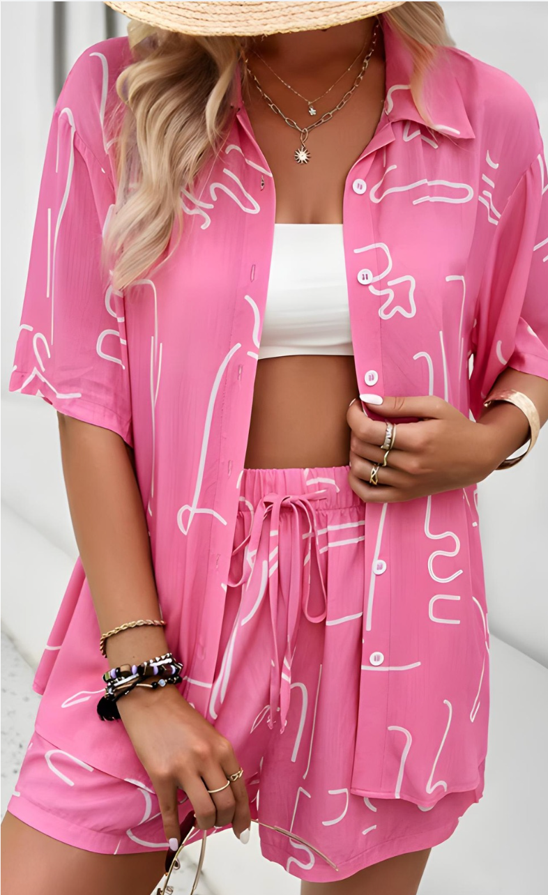 Rhea - Printed Button Down Shirt and Short Set
