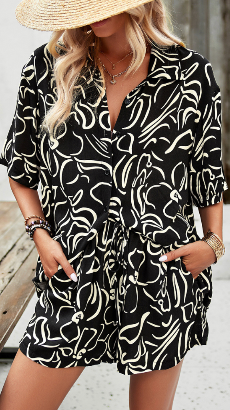 Rhea - Printed Button Down Shirt and Short Set