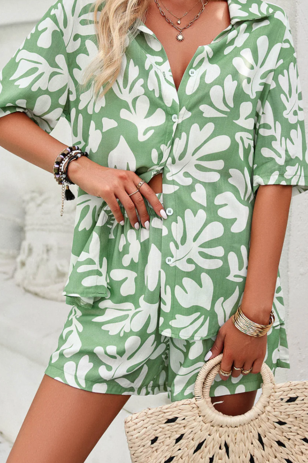Rhea - Printed Button Down Shirt and Short Set