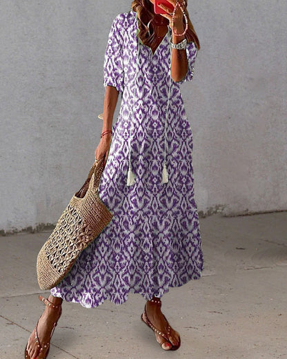 Andrea - Boho Vintage V-Neck Printed Dress