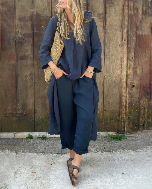Isla - Loose Fit V-Neck Top & High-Waist Pants Set