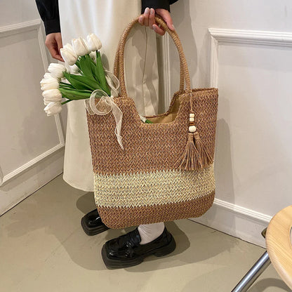 Steff - Casual Color Contrast Tassels Tote Bag