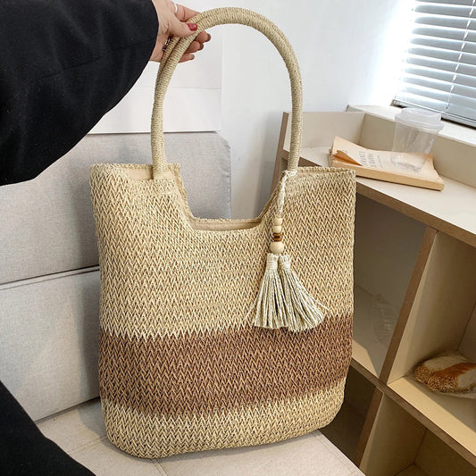 Steff - Casual Color Contrast Tassels Tote Bag