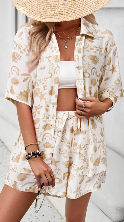 Rhea - Printed Button Down Shirt and Short Set